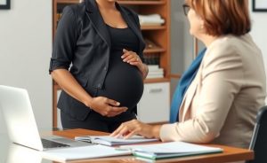 A confident pregnant woman meets with a compassionate lawyer
