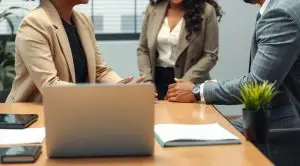 A confident, compassionate employment attorney speaking with a diverse couple of clients.