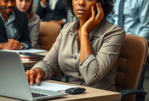 A professional woman of color sits at her desk, looking visibly distressed and deep in thought, with a serious expression