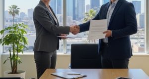 An office worker confidently meeting with an employment attorney in a bright California law office setting
