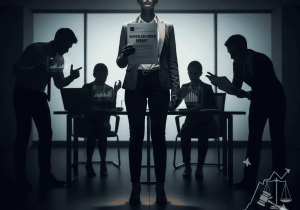 a confident employee standing up in a workplace meeting, holding a document marked "Whistleblower Report," while shadowed figures in the background symbolize corporate wrongdoing.