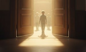 An open courtroom door with light shining through, representing justice for child abuse survivors in California.