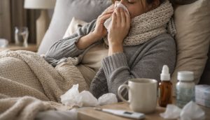 Person resting on a couch, surrounded by blankets, tissues, and cold medicine.