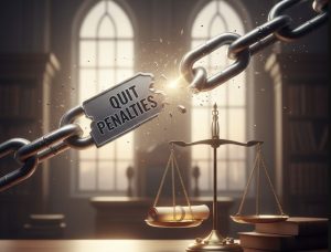 A symbolic image of a broken chain labeled “Quit Penalties,” representing freedom to leave a job