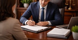 A lawyer in a suit signs documents at a desk during a meeting with a client, with a laptop and legal files nearby.