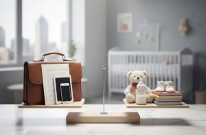A symbolic image of balance between work and family, briefcase on one side and baby items on the other