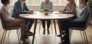 A professional workplace mediation scene with two employees in a restorative justice circle, neutral facilitator present, calm setting, modern office