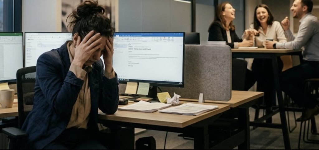 A stressed employee sitting alone in a modern office while coworkers laugh in the background