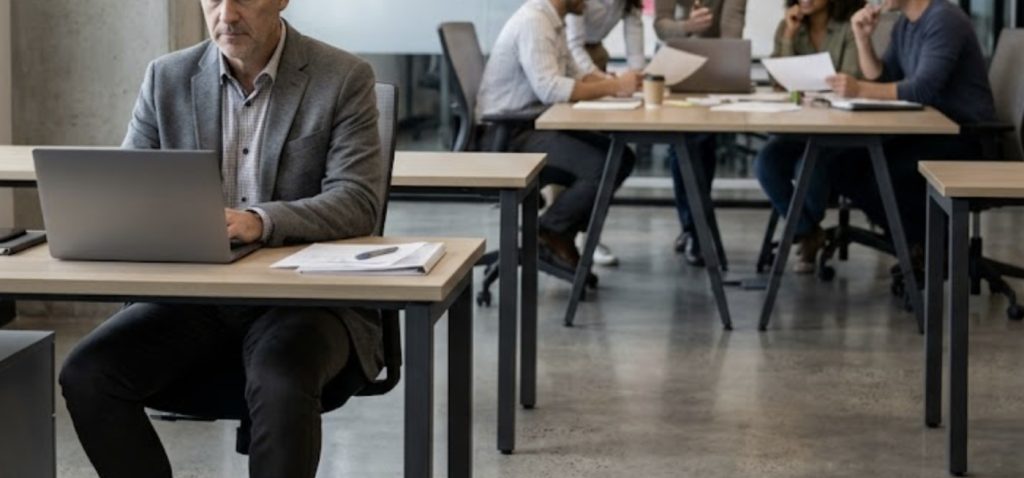 A middle-aged professional sitting alone in a modern office while younger coworkers collaborate in the background, conveying exclusion and isolation.