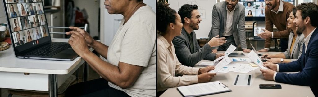 A split-scene showing a remote worker on a video call being excluded, contrasted with colleagues in an office meeting, highlighting inequality