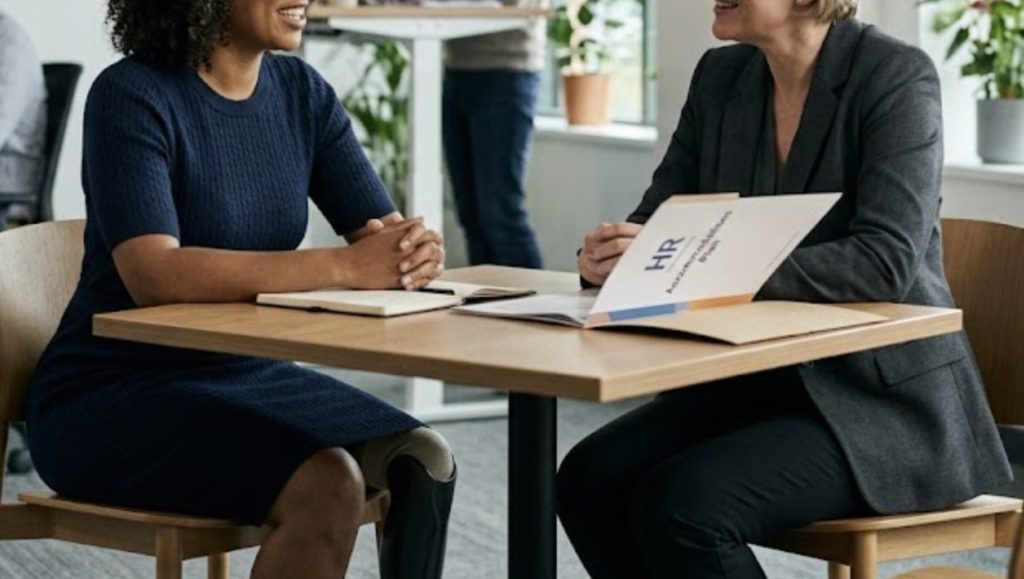 An employee with a prosthetic leg speaks with an HR representative at a table, reviewing documents during a workplace meeting.