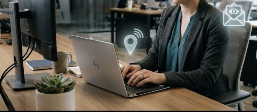 A professional office setting with an employee working on a laptop while subtle digital surveillance icons (GPS, email) appear around them, symbolizing workplace monitoring.